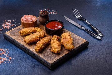 Fried crispy chicken nuggets with ketchup on black plate on a dark background