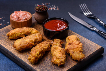 Fried crispy chicken nuggets with ketchup on black plate on a dark background
