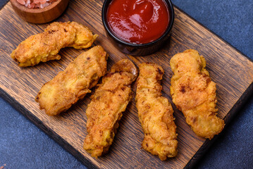 Fried crispy chicken nuggets with ketchup on black plate on a dark background