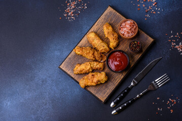 Fried crispy chicken nuggets with ketchup on black plate on a dark background