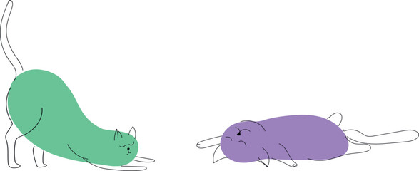 Two Cats is purple and green color. Cat Simple Contour Drawing. Line and spot Kitten Portrait. Vector
