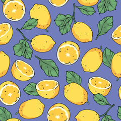 Modern bright pattern with lemons on a blue background in cartoon style