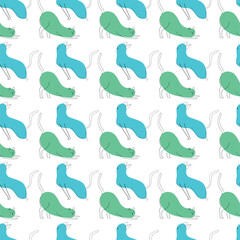 Fototapeta na wymiar Seamless pattern with green and blue cats. Vector line art and colored spots.
