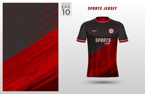 Black Red T-shirt Sport Design Template With Abstract Grunge Pattern For Soccer Jersey. Sport Uniform In Front View. Tshirt Mock Up For Sport Club. Vector Illustration