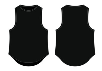 Blank Black Tank Top With Curve Hem Template on White Background. Front and Back Views, Vector File.