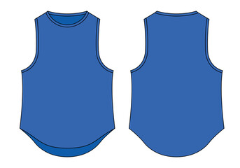 Blank Blue Tank Top With Curve Hem Template On White Background.Front and Back View, Vector File.