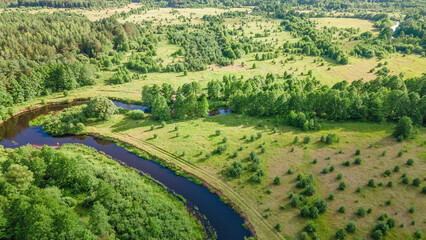 Aerial landscape of winding river in green field and trees. Beautiful nature background from drone.
