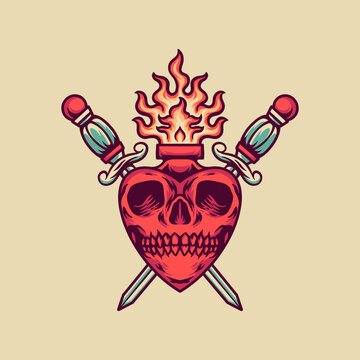 Love Skull And Fire Retro Illustration