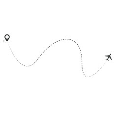 Set of dashed line airplane route with location icon