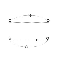 Set of dashed line airplane route with location icon