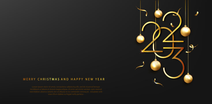 2023 Happy new year. Happy New Year Banner with Golden metallic numbers date 2023. Dark luxury background. Vector illustration
