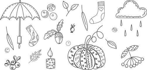 autumn set, umbrella, pumpkin, sock in doodle style, sketch isolated