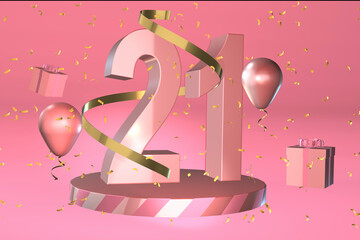 3D rendered display suitable for 21 21st birthday or twenty one twentieth anniversary celebration card or invitation