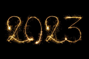 Happy New Year 2023. Number 2023 written sparkling sparklers