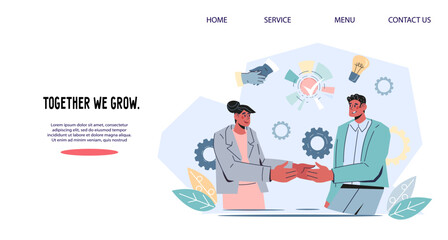 Business collaboration and partnership topic for website and presentation. Webpage header template with business people shaking hands, flat vector.