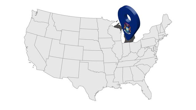 Location State of  Michigan on map USA. 3d State Michigan flag map marker location pin. Map of United States of America showing different states. Animated map States of USA. 4K.  Video