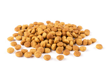 A handful (pile) of dry cat or dog food on a white isolated background. Template for the design. Balanced nutrition.