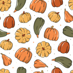 Thanksgiving and autumn seamless pattern with hand drawn pumpkins on white background. Good for wrapping paper, scrapbooking, textile prints, package, wallpaper, etc. EPS 10