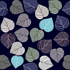 Hand painted leaf veins in blue, cream, green and blue colors on Dark background. seamless leaf pattern