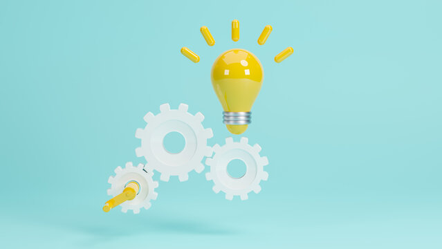 Problem resolution and solution with smart idea concept. Team Creative idea or innovative idea concept. Innovation and new idea, light bulb with gear for new idea of technology and business, 3d render