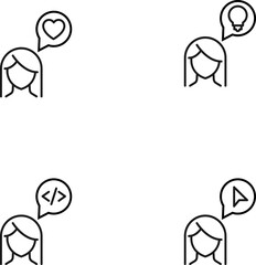 Monochrome elements perfect for adverts, stores, design etc. Editable stroke. Vector line icon set with symbols of heart, lamp, code, cursor inside of speech bubble by woman