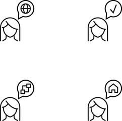 Monochrome elements perfect for adverts, stores, design etc. Editable stroke. Vector line icon set with symbols of globe, check, cubes, house inside of speech bubble by woman