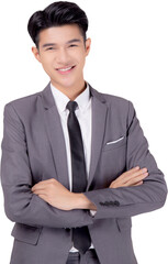 Portrait businessman in suit with crossed his arms standing isolated png transparent file, young asian business man is manager or executive having confident is positive with success.