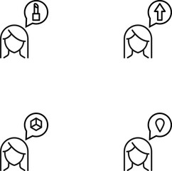 Monochrome elements perfect for adverts, stores, design etc. Editable stroke. Vector line icon set with symbols of lipstick, arrow, cube, geo sign inside of speech bubble by woman