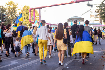 Berlin, Germany 24 august 2022: Peaceful march of Ukrainians through Berlin on Ukraine's Independence Day