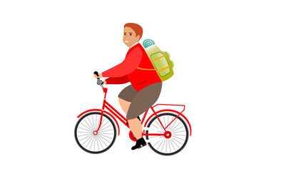 Fat middle aged man in red jacket rides bycycle isolated on white vector