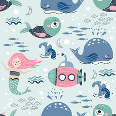Obraz premium Seamless pattern with mermaids, pink submarine, fur seals and whales. Marine background.