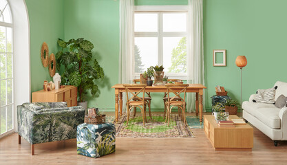 Green living room and wall background concept, wooden furniture, table, chair vase of plant and brown parquet style.