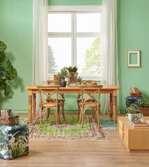 Green living room and wall background concept, wooden furniture, table, chair vase of plant and brown parquet style.