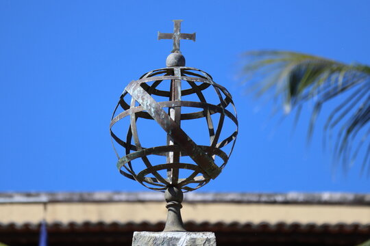 Metal Armillary Sphere, Esfera Armilar, a Portugal symbol and old navigation tool, at Fernando de Noronha, Brazil