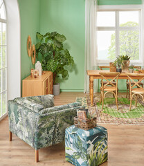 Green living room and wall background concept, wooden furniture, table, chair vase of plant and brown parquet style.