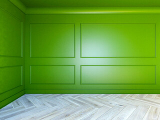 Wnętrze, pokój z zielonymi ścianami i ozdobnymi sztukateriami. Dębowa klasyczna podłoga. 3d rendering

 - obrazy, fototapety, plakaty