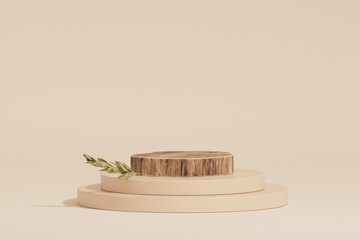 3D render wooden podium, showcase with shadows on pastel background with glass wall, tropical leaves of plants. Stage showcase on pedestal display beige studio, exhibitions, presentation of products
