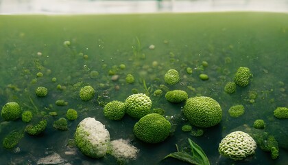 3D Illustration of Green algae with a creamy texture and a green bubble inside the bowl - obrazy, fototapety, plakaty