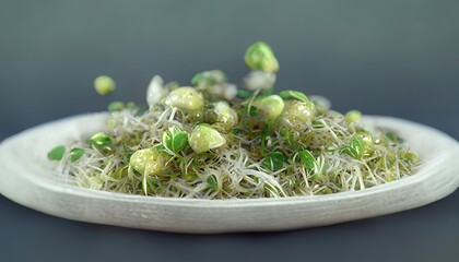 3D Illustration of an Alfalfa sprout on the white plate at the table