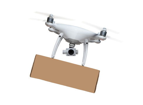 Transparent PNG Drone UAV In Flight With Package Attached.