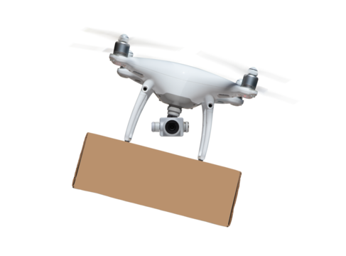 Transparent PNG Drone UAV In Flight With Package Attached.