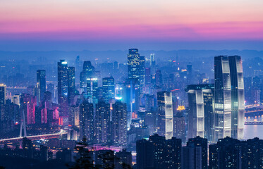 Obraz premium Summer sunset dusk and night city scenery, Chongqing, China