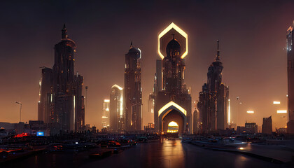 Fototapeta na wymiar Night Arabic futuristic fantasy neon city. Eastern city panorama, night view of the city, Eastern architecture. 3D illustration.