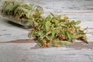 View of dried linden in a glass jar.