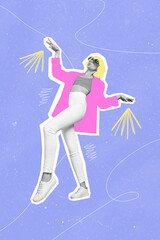 Picture collage of funky cool lady going dancing night club wear trend clothes isolated on blue color background
