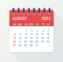 August 2023 Calendar Leaf. Calendar 2023 in flat style. Vector illustration. - obrazy, fototapety, plakaty