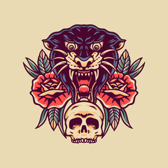 Skull And Black Panther Retro Illustration
