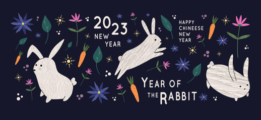 Chinese New Year 2023 banner design. Happy Chinese new year. Traditional design. Year of the rabbit. Happy new year
