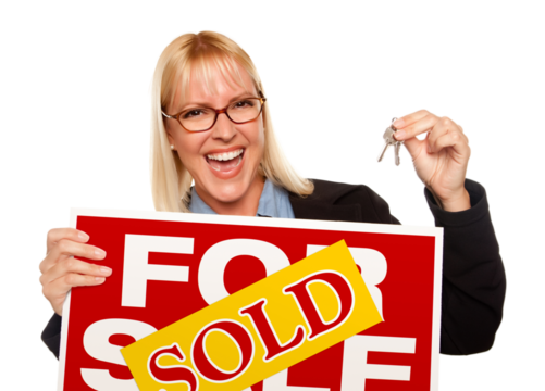 Transparent PNG of Attractive Blonde Holding Keys & Sold For Sale Sign.