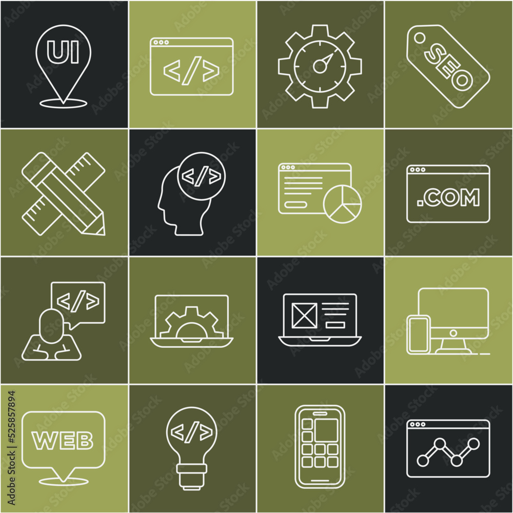 Poster set line website statistic, monitor and mobile, ui ux design, front end development, crossed ruler p